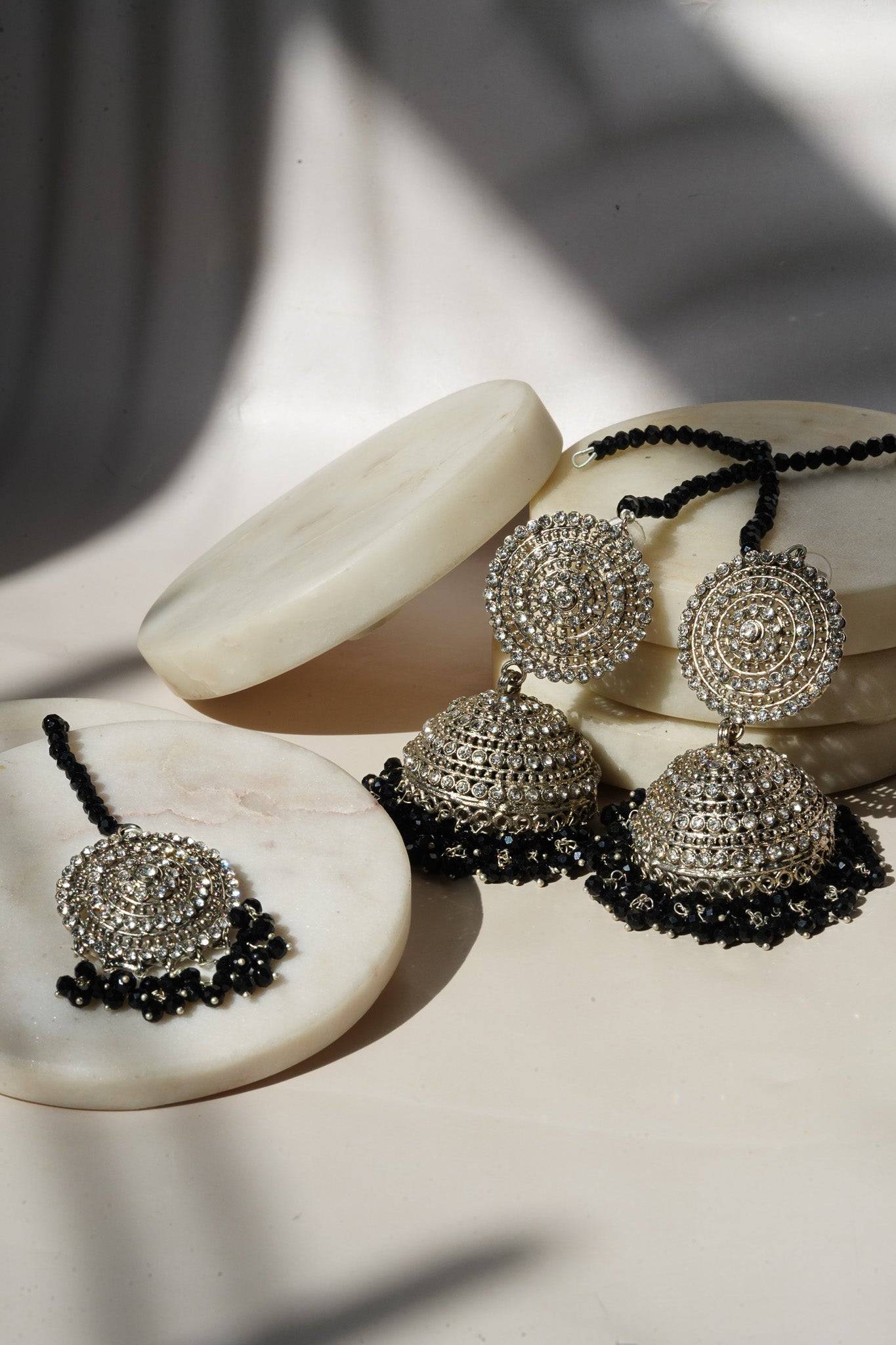 Tabiha - Jhumka Earrings & Maang Tikka Set Earrings & Tikka Set from Inaury
