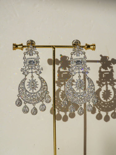 Rhodium Plated Pave Crystal Crescent Chandelier Earrings - Samina