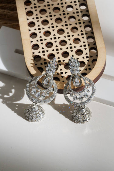Close-up of Dainty Rhodium-Plated Chandbali Jhumkis