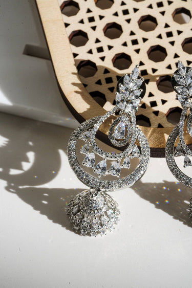 Close-up of Dainty Rhodium-Plated Chandbali Jhumkis