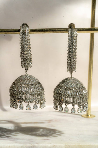Rhodium Plated AD Stone Hoop Dangling Jhumka Earrings - Elham