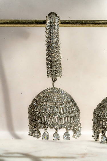 Rhodium Plated AD Stone Hoop Dangling Jhumka Earrings - Elham