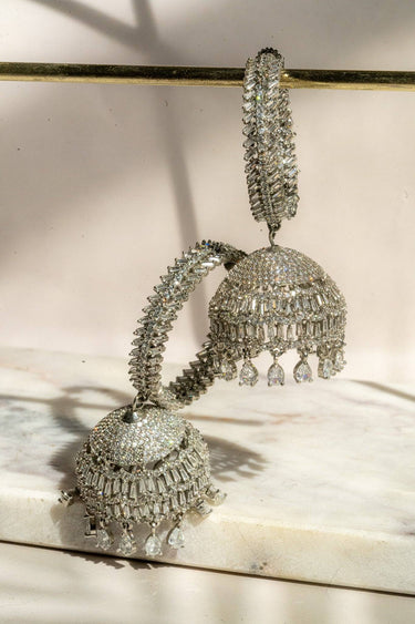 Rhodium Plated AD Stone Hoop Dangling Jhumka Earrings - Elham