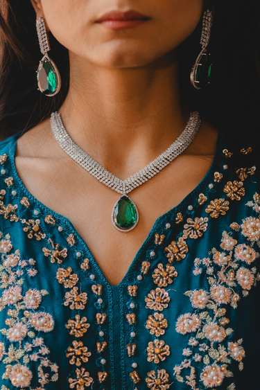 Sharmine Pavé Rhodium Plated Necklace Set in Turquoise Green by Inaury | Indian Jewelry