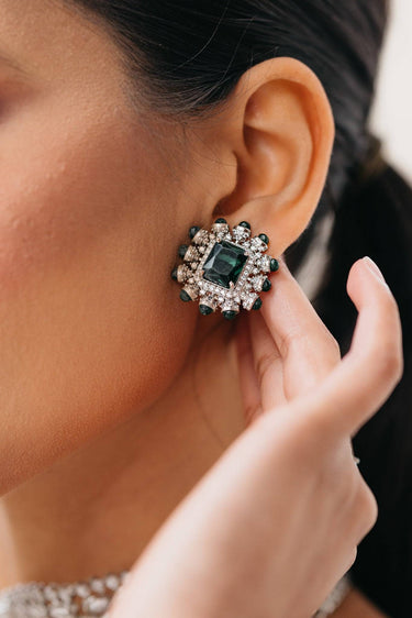 Ashma Bridal Set - Multilayer rhodium-plated silver finish with emerald green stones, including choker and multi-layered necklace.