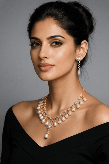 Saffina Pearl & Diamante Necklace Set on model