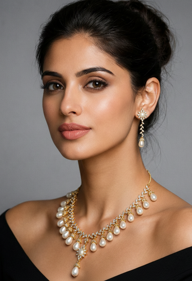 Model wearing Saffina Pearl & Diamante Necklace Set
