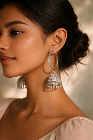Gina Diamante Long Hoop Jhumka Earrings worn by model