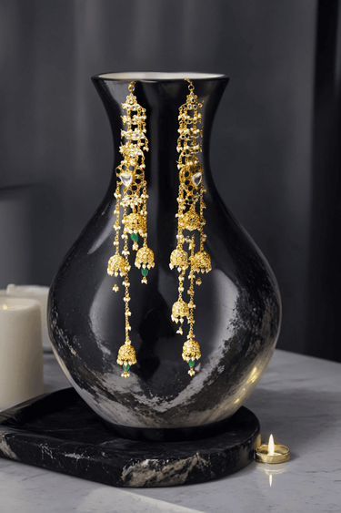 Gold-plated long jhumka earrings with moissanite polki stones, pearls, and green enamel - Indian earrings from Inaury