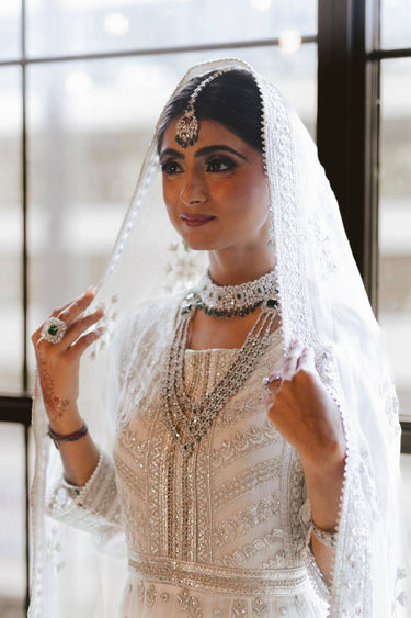 Model wearing Irma Rhodium Choker Set with Maang Tikka