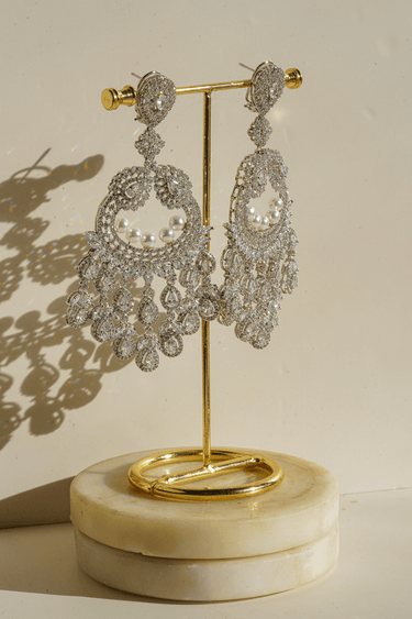 Rhodium Pave Crystal Pearl Crescent Chandbali Earrings - Imaan