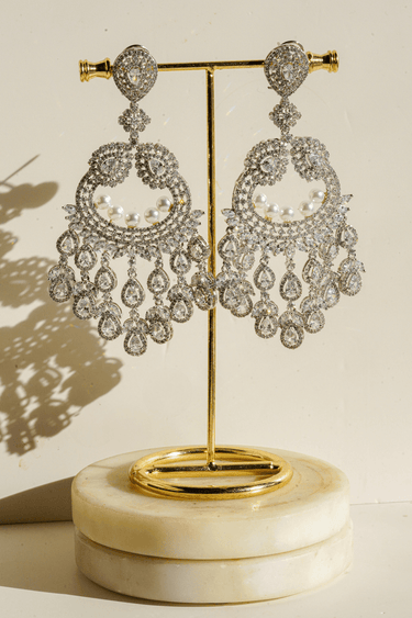 Rhodium Pave Crystal Pearl Crescent Chandbali Earrings - Imaan