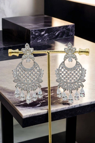 White AD Stone Chandbali Earrings Gold Rhodium Plated - Siya
