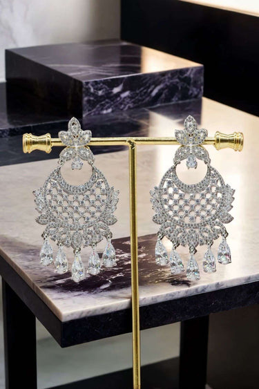 White AD Stone Chandbali Earrings Gold Rhodium Plated - Siya