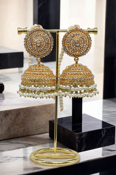 Gold Tabiha Jhumka Earrings with pearl detailing, part of the handcrafted Pakistani jewelry set for festive occasions.