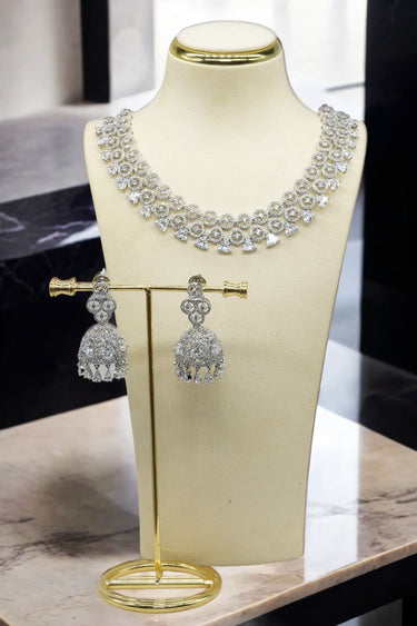 South Asian Zeba AD Diamante Necklace Set with Jhumka Earrings in gold and rhodium finish