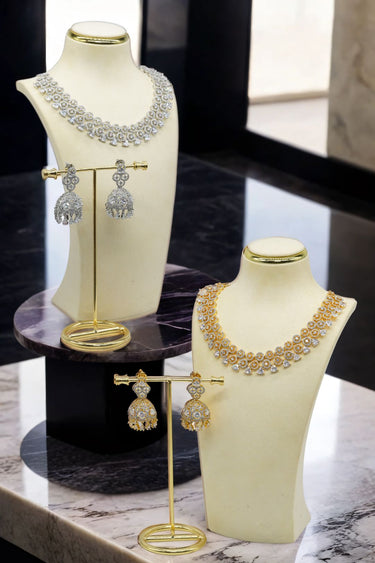 South Asian Zeba AD Diamante Necklace Set with Jhumka Earrings in gold and rhodium finish