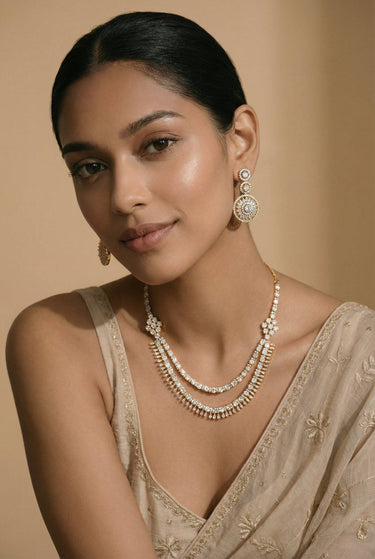 Gold-plated double layer diamante necklace and earring set - South Asian jewelry - Inaury