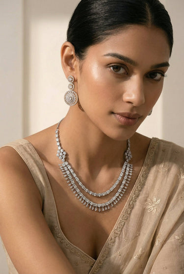 Silver-toned double layer diamante necklace and earring set - South Asian jewelry - Inaury
