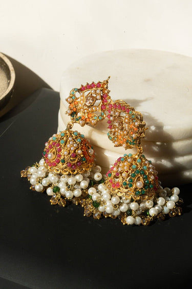 Juhi matte gold plated multicolor jhumka earrings with zircon stones
