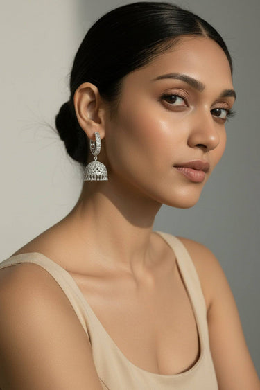 Model showcasing Lailoma AD Hoop Jhumka Earrings