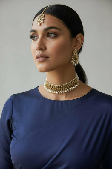 Maha Antique Gold Choker Necklace Set with Maang Tikka worn by model