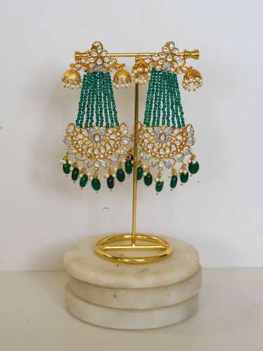 Kundan Diamante Emerald Crystal Tassel Chandelier Earrings - Meenu