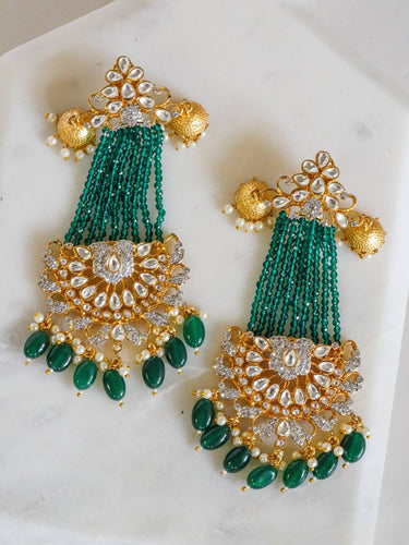 Kundan Diamante Emerald Crystal Tassel Chandelier Earrings - Meenu