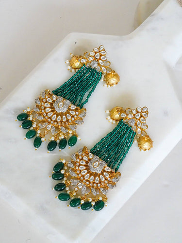 Kundan Diamante Emerald Crystal Tassel Chandelier Earrings - Meenu