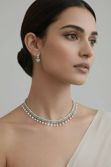 Pearl & American Diamond Collar Necklace Set – Mila