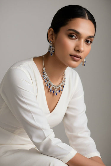 Rhodium Plated AD Floral Waterfall Necklace Set: Nazia