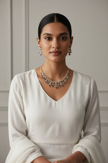 Rhodium Plated AD Floral Waterfall Necklace Set: Nazia