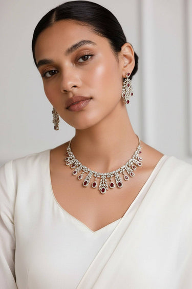 Rhodium Floral Waterfall AD Necklace Set – 5 Colors – Nazia