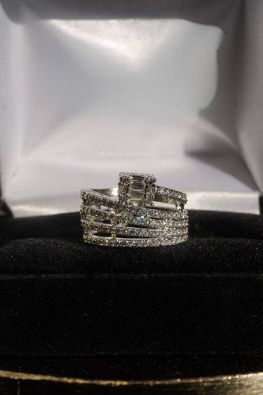 Inaury Nina multirow adjustable AD ring in rhodium plating with white diamante stones and cushion cut center stone – South Asian jewelry