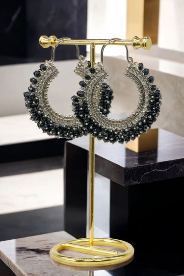 Noor Chandbali Hoop Earrings in silver-tone with black beads, a fusion of classic South Asian design and contemporary flair.