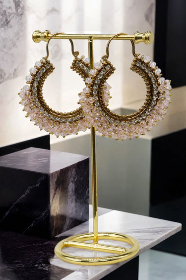 Noor Chandbali Hoop Earrings in gold-tone with blush pink beads, perfect for elegant South Asian festive wear.
