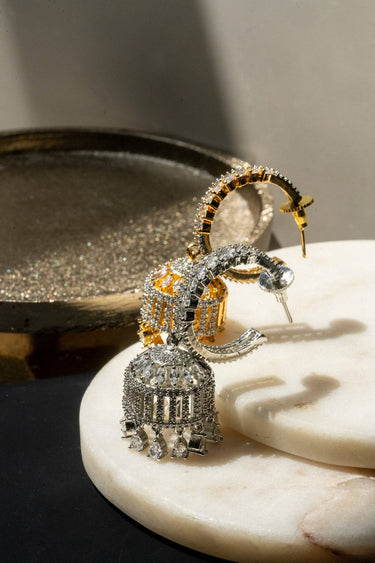 AD Stone Birdcage Hoop Jhumka Earrings Gold Rhodium - Parisa