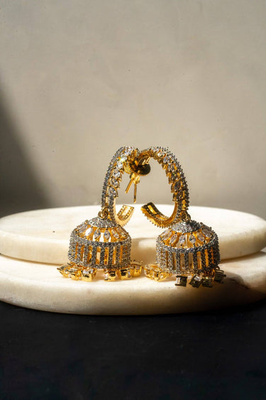 AD Stone Birdcage Hoop Jhumka Earrings Gold Rhodium - Parisa