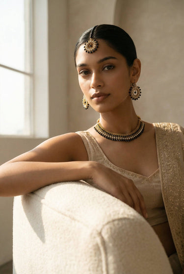 Roza Zircon Choker Set with Maang Tikka worn by model