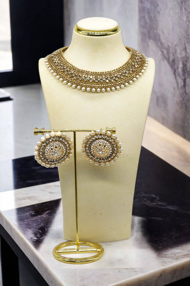 Gold Zircon Artisan Necklace Set with Oversized Stud Earrings – Sabhan