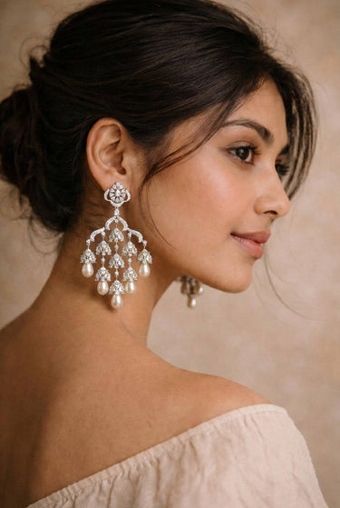 Rhodium Plated White Stone Pearl Chandelier Earrings - Sahara