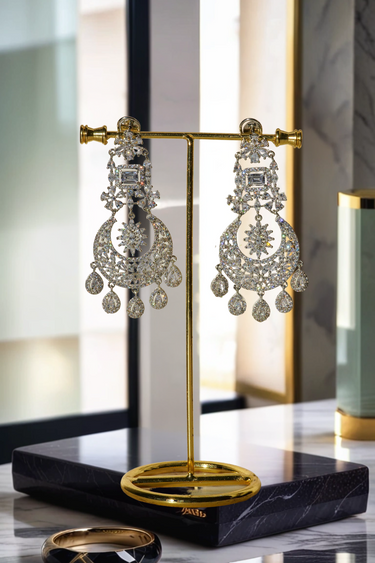 Samina chandelier earrings, rhodium-plated, white pavé stones, crescent design with teardrop charms, Indian jewelry