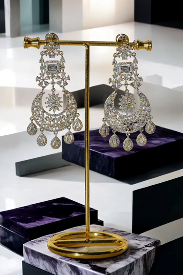 Samina chandelier earrings, rhodium-plated, white pavé stones, crescent design with teardrop charms, Indian jewelry