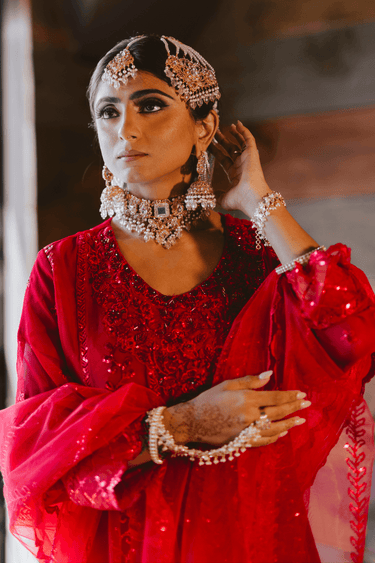 Gold-plated mirror-embellished choker necklace with pearl drops, earrings, tikka, and passa - South Asian bridal jewelry set - Inaury