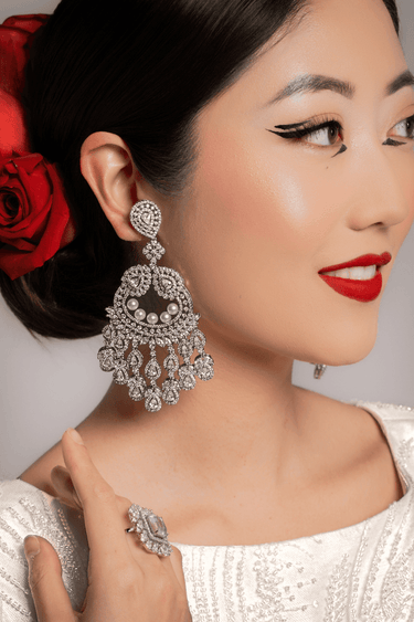 Rhodium Pave Crystal Pearl Crescent Chandbali Earrings - Imaan
