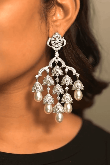 Rhodium Plated White Stone Pearl Chandelier Earrings - Sahara