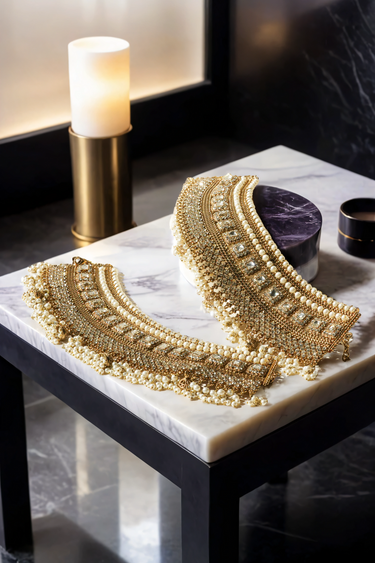 Soha artisan crafted bridal statement ankle set for Desi brides in antique gold and pearl with white stones