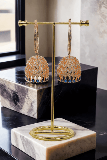 Tanzia Rose Gold Plated AD Hoop Jhumka Earrings - Indian jewelry