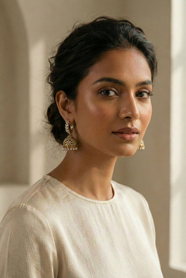 Model wearing Tarin AD Diamante Jhumka Earrings