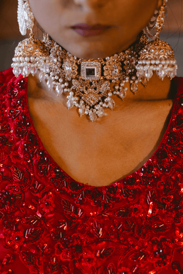 Detailed view of Sareena Mirror Choker Set - Zircon & Pearl highlighting mirror centerpiece and pearl drops, ideal for Desi bridal jewelry sets.